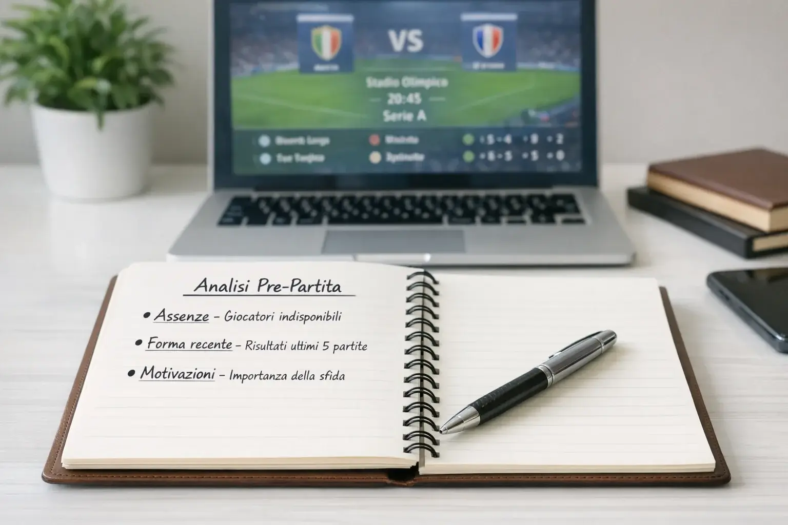 Blocco note con checklist di analisi pre-partita accanto a laptop aperto