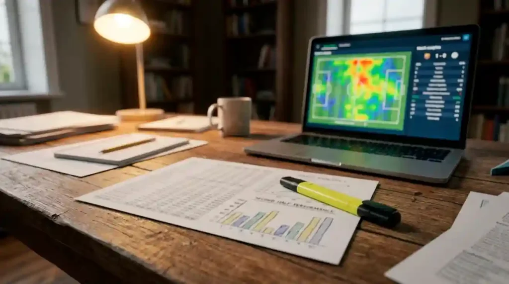 Foglio con statistiche e grafici di una partita di calcio su una scrivania accanto a un laptop