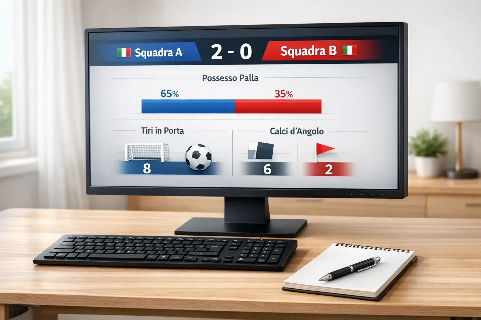 Monitor con statistiche di una partita di calcio in tempo reale