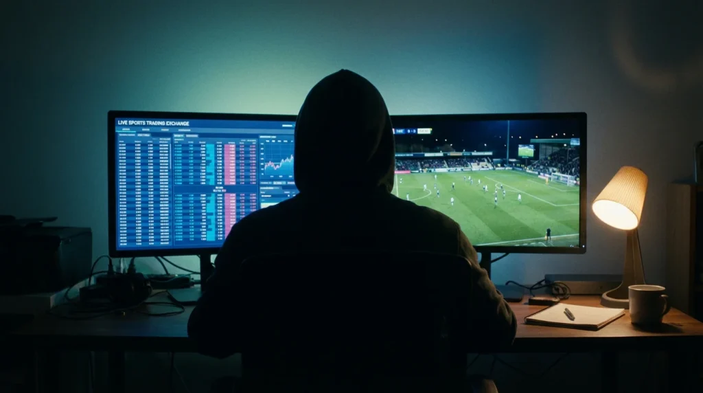 Persona davanti a due schermi con mercati di trading sportivo durante una partita di calcio serale