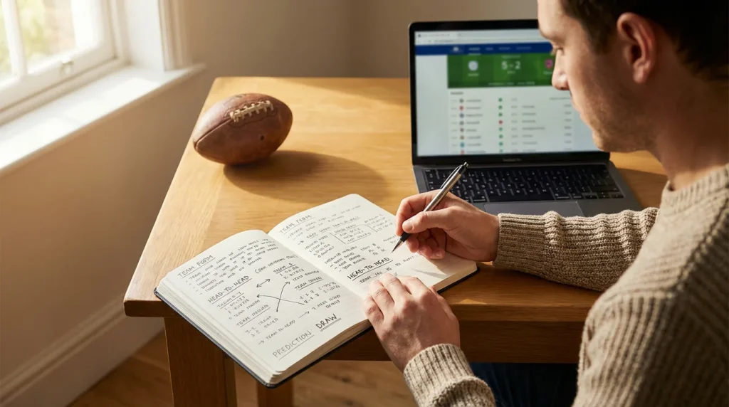 Persona che analizza statistiche di calcio su un quaderno con appunti e laptop aperto sulla scrivania
