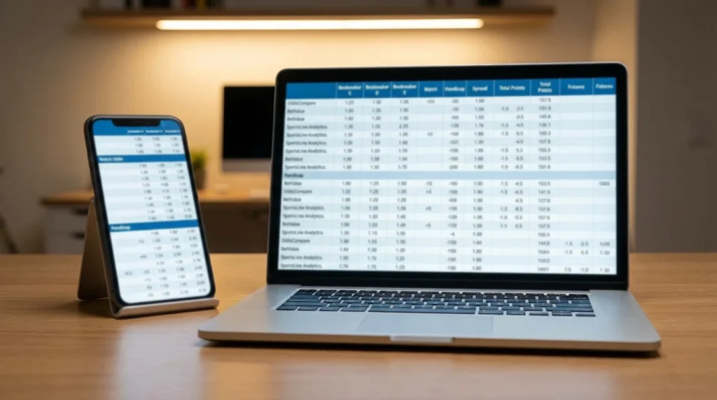 Smartphone e laptop affiancati su una scrivania che mostrano tabelle comparative di quote scommesse