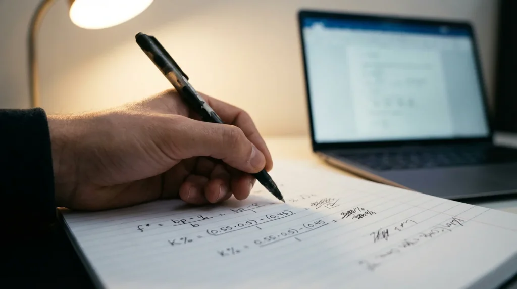 Mano che scrive formule e calcoli su un foglio bianco accanto a un laptop aperto