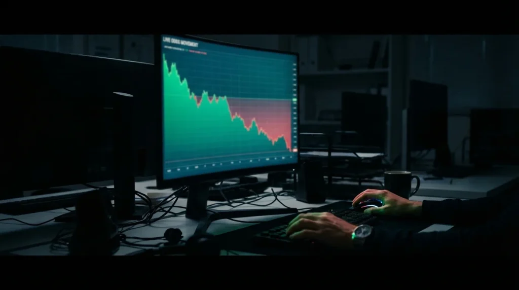 Schermo di un monitor con grafici di andamento delle quote che scendono su sfondo scuro di ufficio