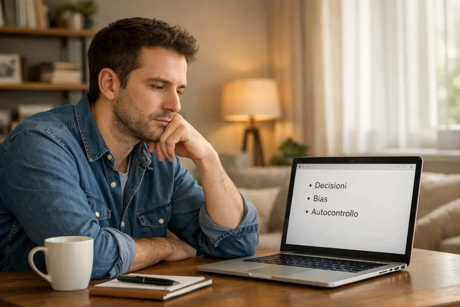 Uomo pensieroso con mano sul mento riflette davanti al computer