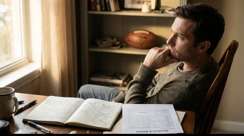 Scommettitore pensieroso seduto a una scrivania con appunti e un foglio di scommesse davanti