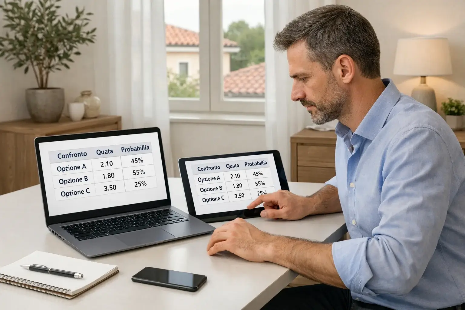 Persona confronta quote su più schermi per trovare value bet