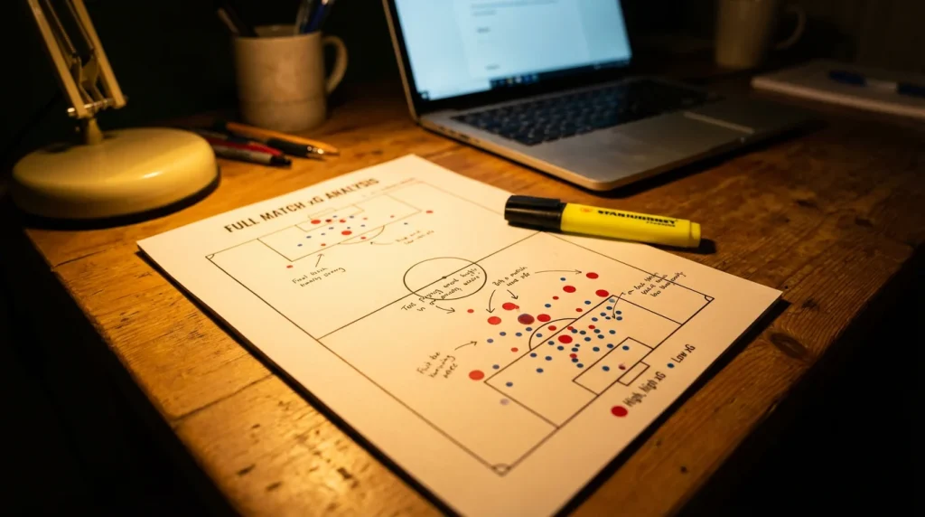 Mappa dei tiri su un campo da calcio stampata su un foglio con evidenziazioni colorate sulla scrivania