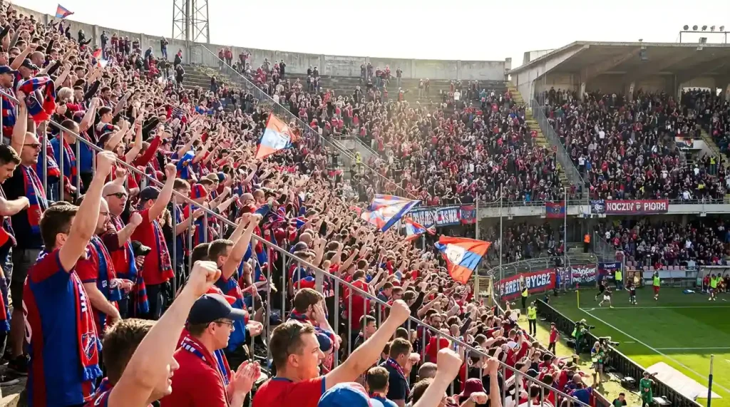 Tribuna di uno stadio di calcio piena di tifosi con sciarpe durante una partita casalinga diurna