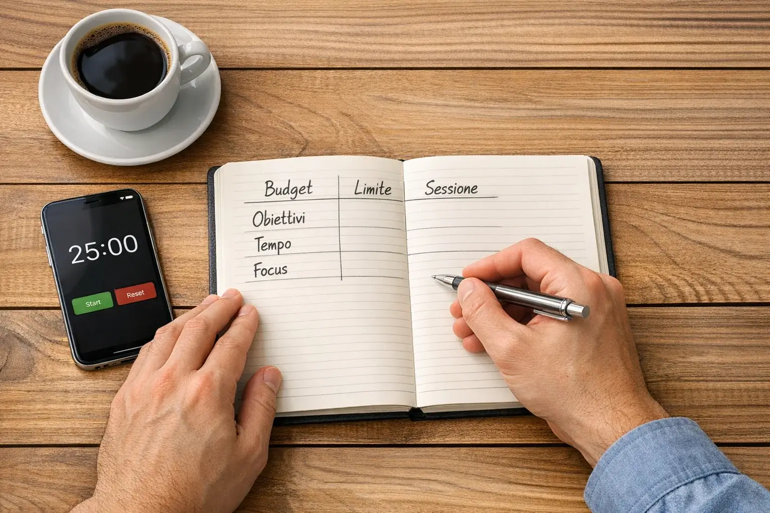 Persona che prende appunti in un quaderno per pianificare il budget