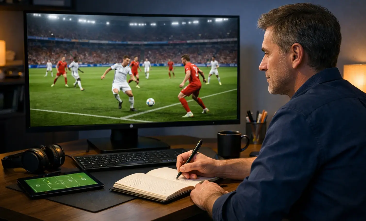 Analisi professionale di una partita di calcio con statistiche su schermo