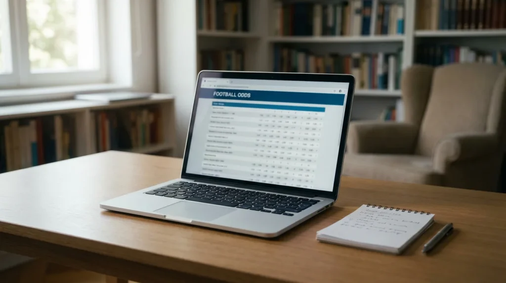 Schermo di un laptop che mostra le quote di una partita di calcio su una scrivania ordinata
