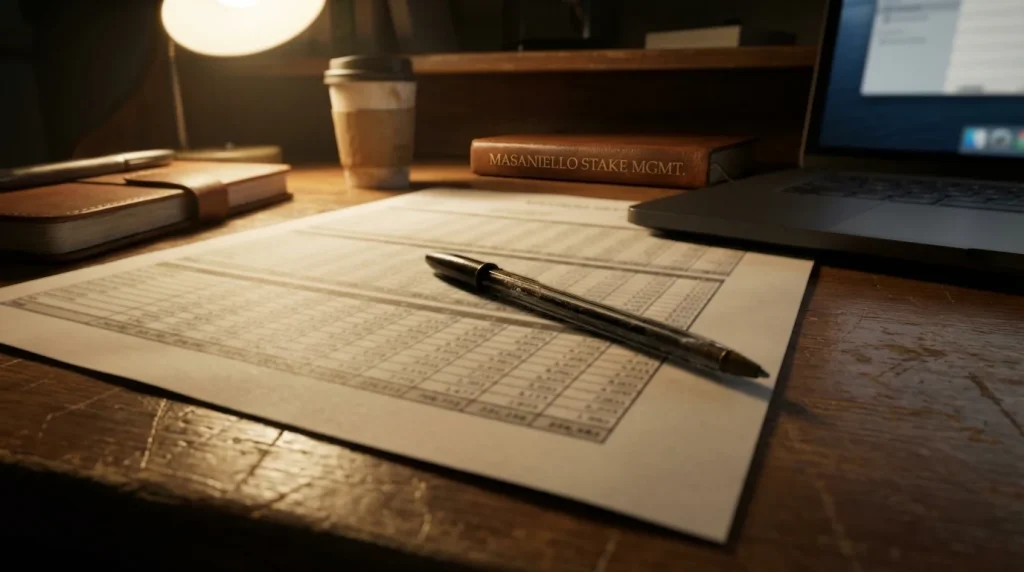 Foglio di calcolo con tabella di progressione del metodo Masaniello e penna su una scrivania