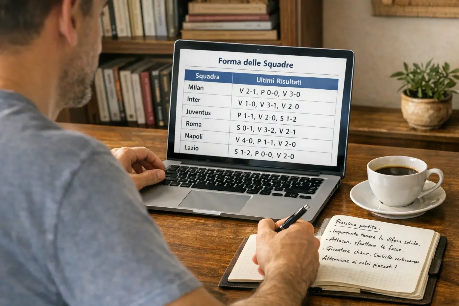 Persona analizza forma recente delle squadre su laptop con appunti e penna