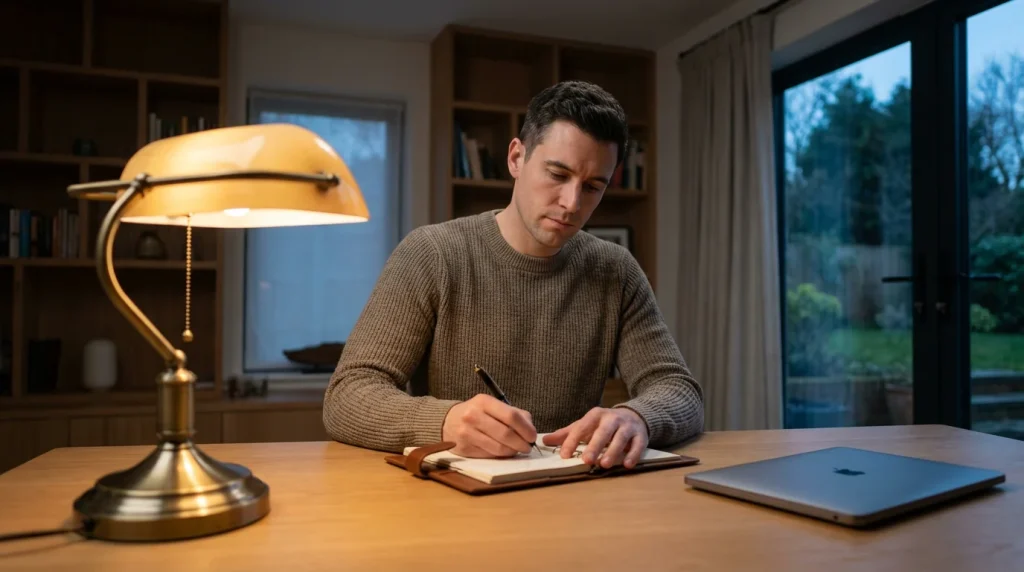 Uomo concentrato davanti a una scrivania con appunti e quaderno aperto in una stanza tranquilla