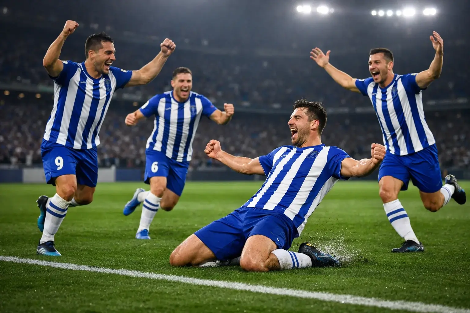 Giocatori di calcio che esultano dopo aver segnato un gol decisivo