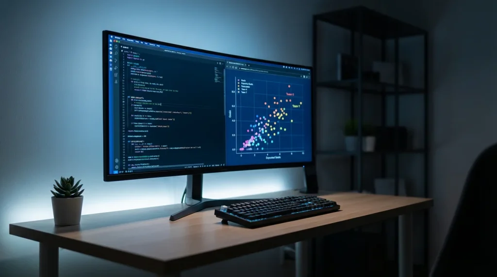 Schermo di computer con righe di codice e grafici di dati calcistici in un ambiente di lavoro moderno