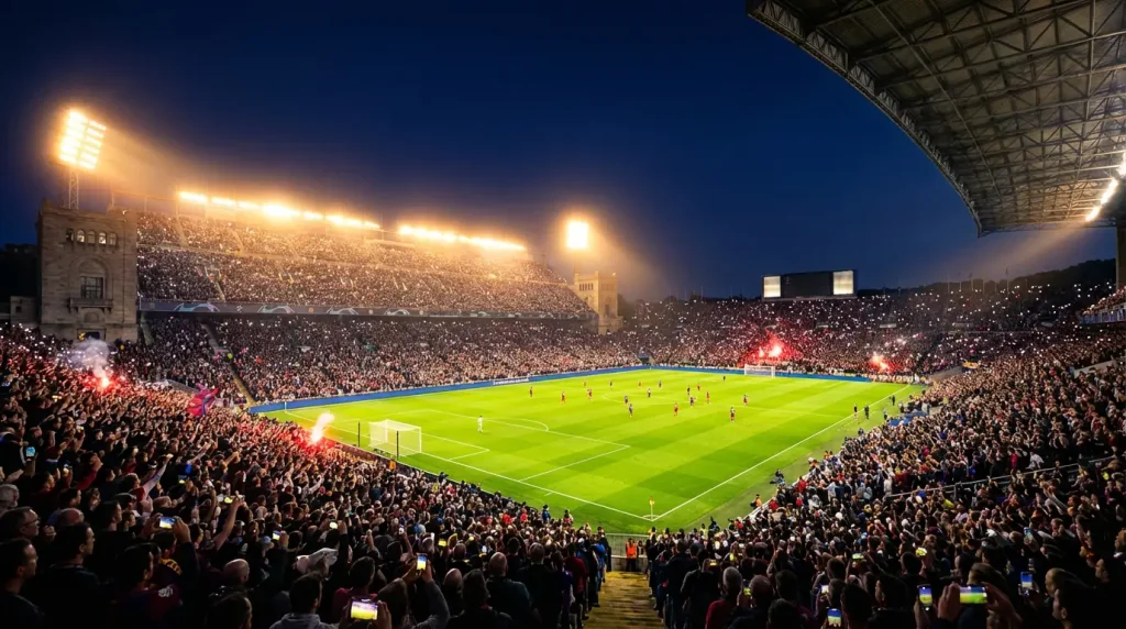 Stadio europeo di calcio pieno di tifosi durante una serata di Champions League sotto i riflettori