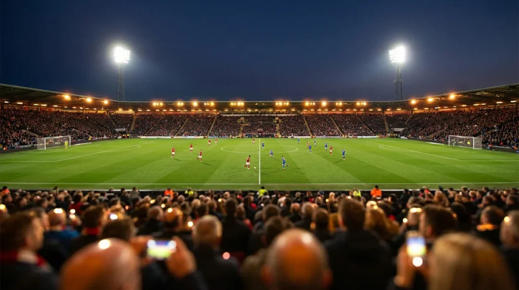 Tifosi guardano una partita di calcio allo stadio durante una serata sotto i riflettori