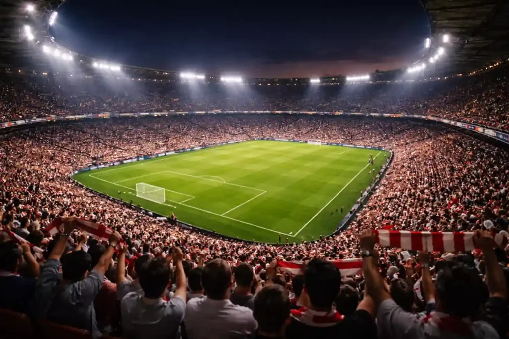 Campo da calcio di uno stadio inglese visto dalla tribuna con il prato verde brillante sotto cielo nuvoloso
