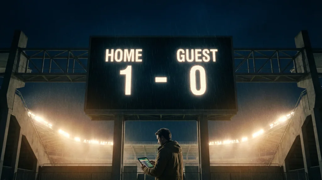 Tabellone segnapunti di uno stadio di calcio che mostra un risultato durante una partita serale
