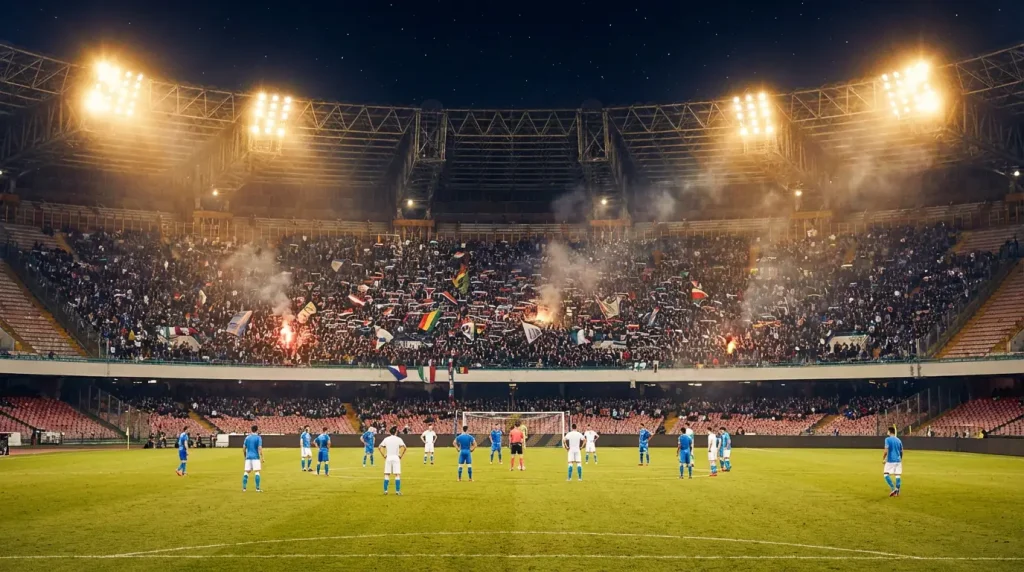 Stadio di calcio italiano pieno di tifosi durante una partita serale di Serie A