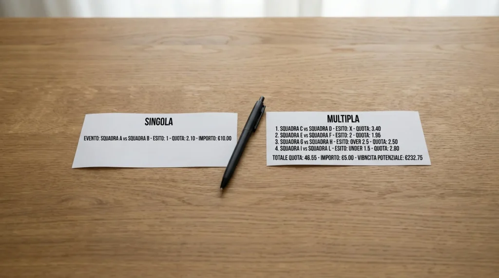 Due schedine di scommesse sportive affiancate su un tavolo di legno con una penna