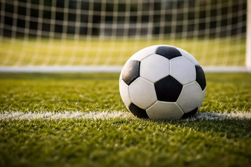 Pallone da calcio sulla linea di porta di un campo in erba illuminato dai riflettori