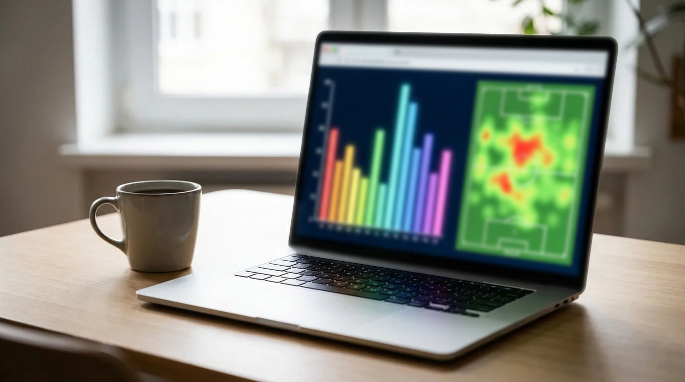 Laptop aperto con grafici e statistiche di calcio su uno schermo luminoso in una scrivania ordinata