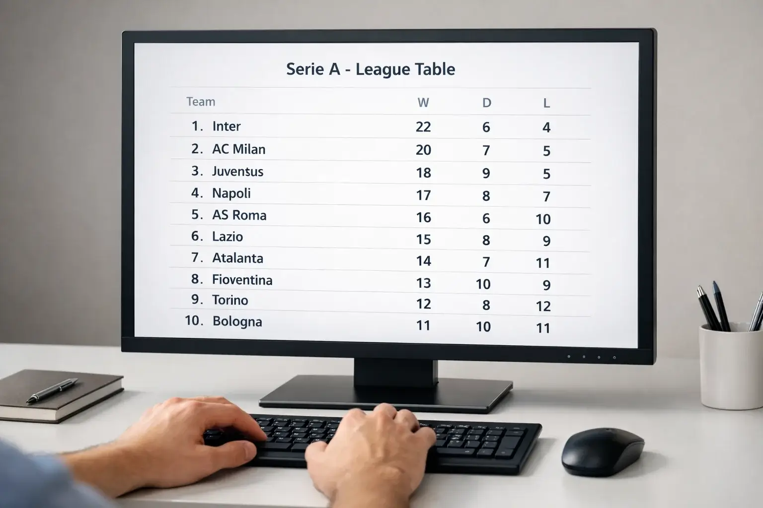 Schermo computer mostra sito web di statistiche calcistiche con tabelle e classifiche