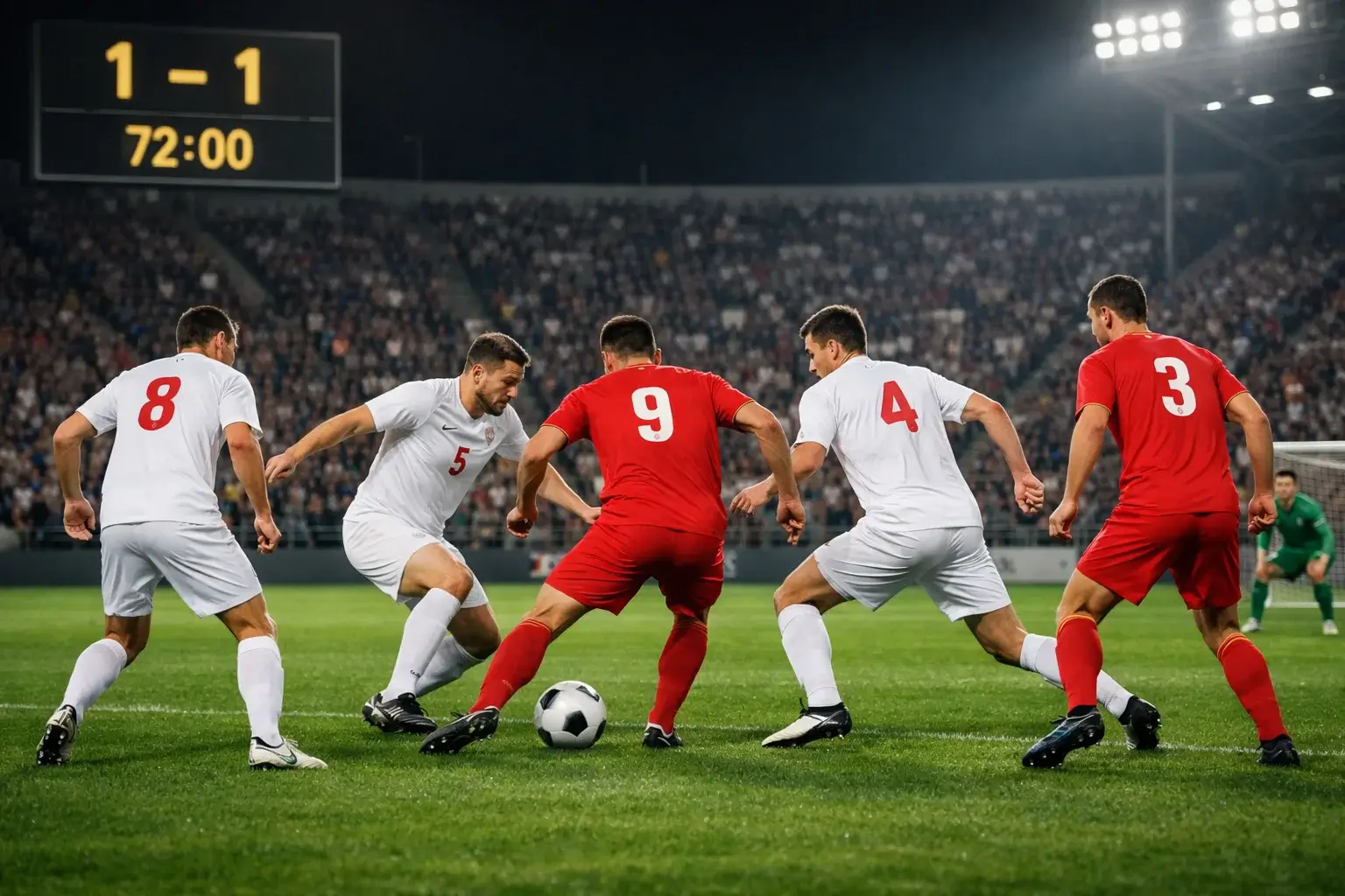 Partita di calcio con tabellone segnapunti che mostra il risultato