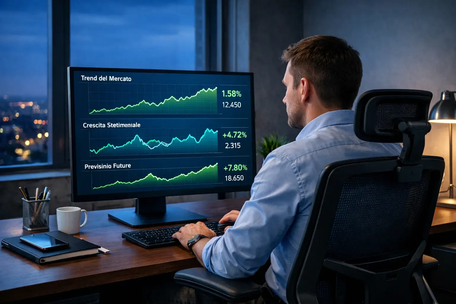 Analista che studia grafici e statistiche calcistiche su monitor