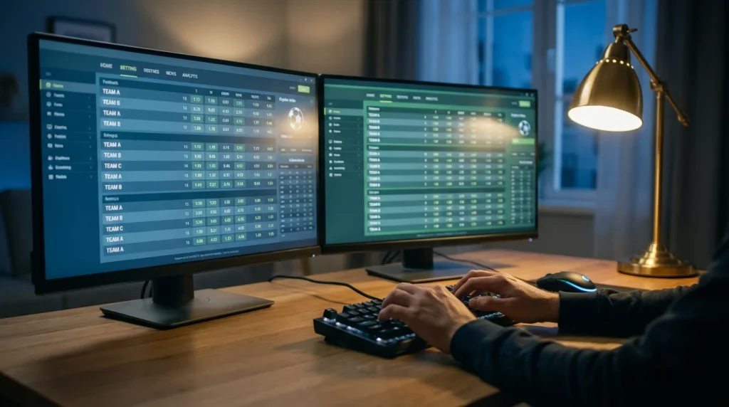Due schermi affiancati che mostrano quote di bookmaker diversi su una scrivania da lavoro