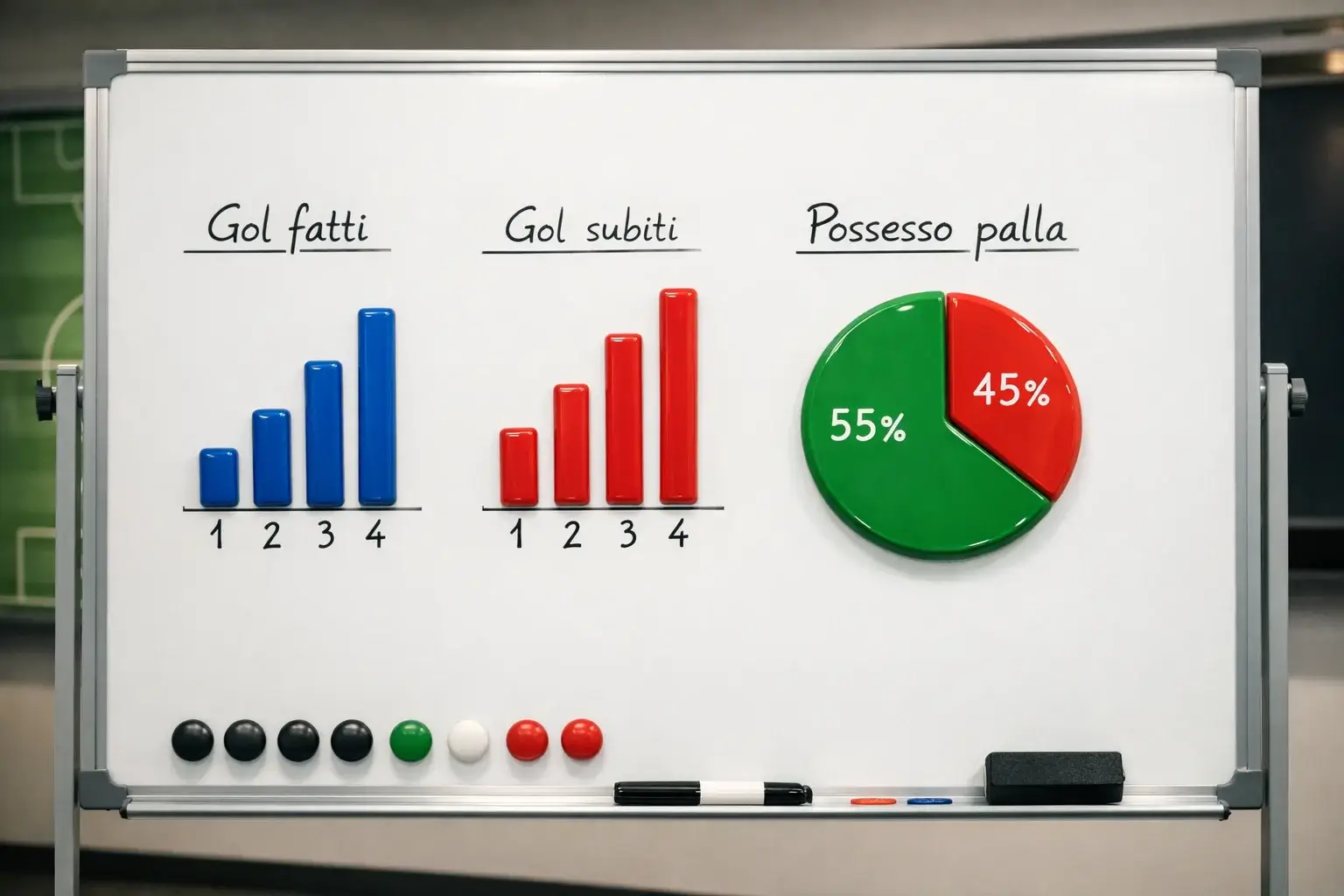 Tabellone con statistiche di squadra: gol, assist, possesso palla e rendimento stagionale