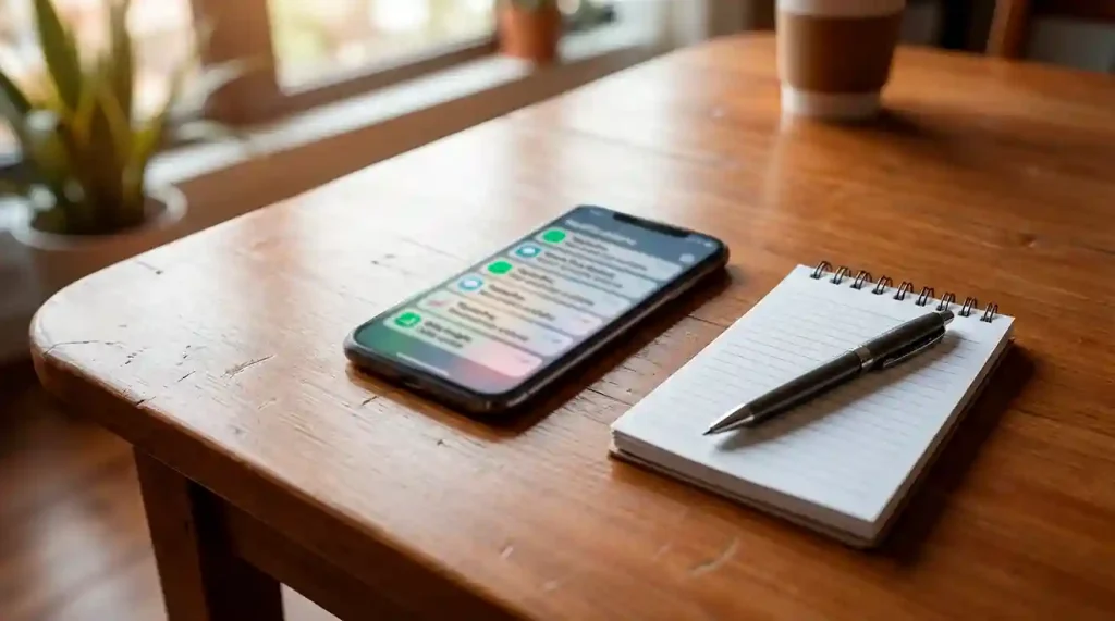 Schermo di smartphone con notifiche di pronostici sportivi su un tavolo accanto a un blocco di appunti