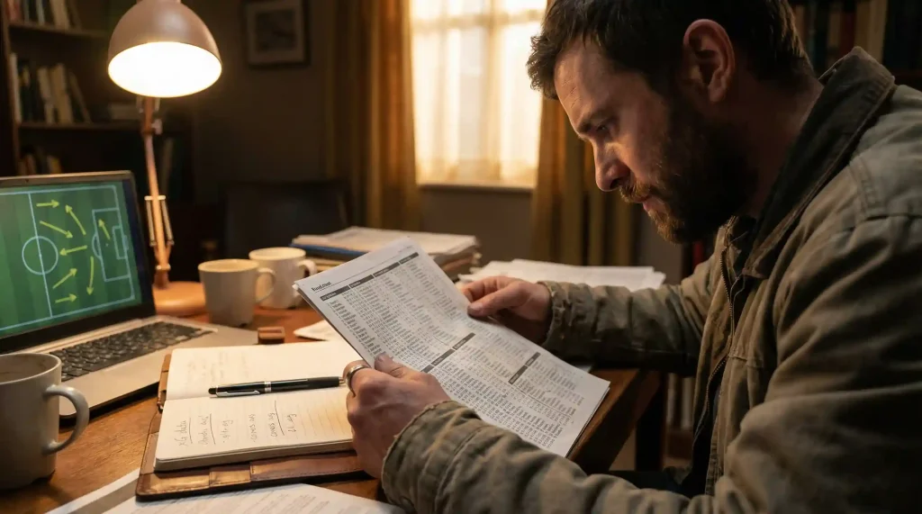 Scommettitore analizza le quote di calcio su un foglio con statistiche delle partite